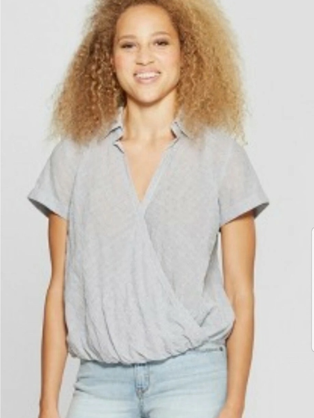 Universal Thread Medium Navy & White Striped Short-Sleeve Surplice Blouse